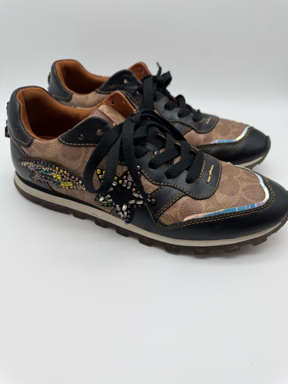 Coach Brown Monogram & Black Leather Crystal-Embellished Sneakers